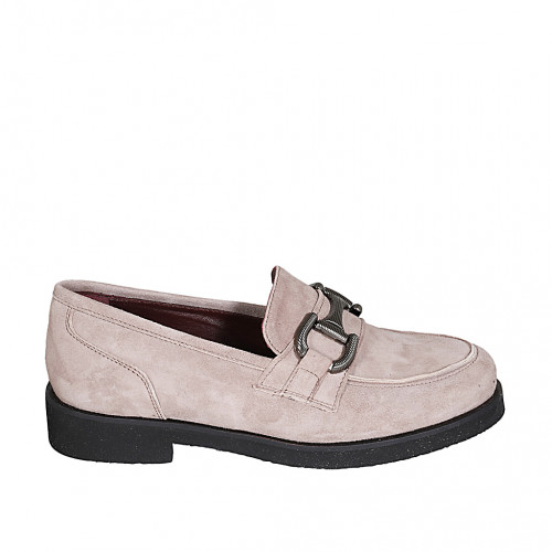 Mocasín para mujer con accesorio en gamuza gris pardo tacon 3 - Tallas disponibles:  32, 34, 42, 43, 44, 45