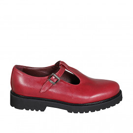 Woman's highfronted shoe with T-strap in maroon leather heel 3 - Available sizes:  32, 33, 43, 46