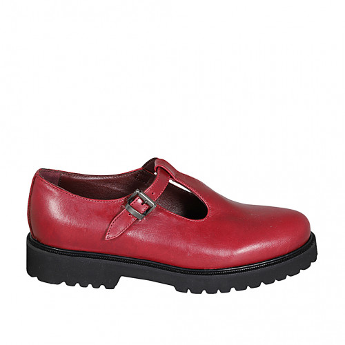 Chaussure pour femmes avec courroie en T en cuir bordeaux talon 3 - Pointures disponibles:  32, 33, 34, 42, 43, 44, 45, 46