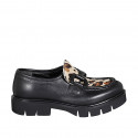 Woman's mocassin with accessory in black and spotted beige leather heel 3 - Available sizes:  32, 33, 34, 35, 42, 43, 44, 45, 46, 47