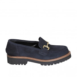 Woman's mocassin with accessory in blue suede heel 3 - Available sizes:  43, 45, 46