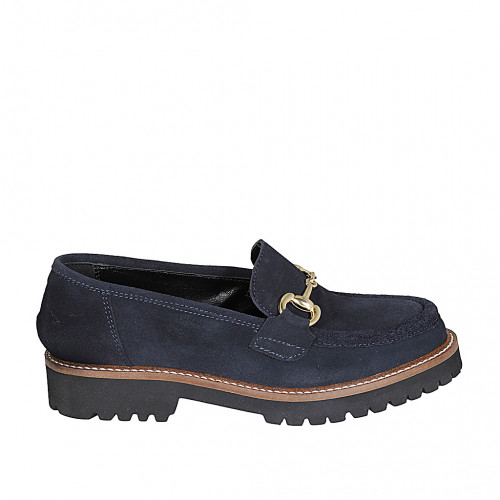 Woman's mocassin with accessory in blue suede heel 3 - Available sizes:  32, 33, 34, 35, 42, 43, 44, 45, 46, 47