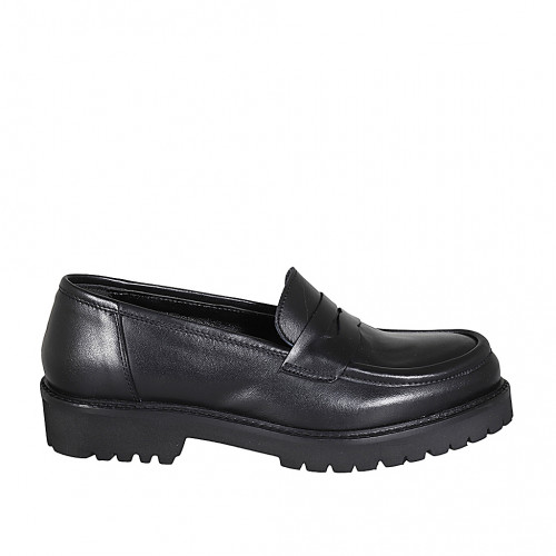 Woman's mocassin in black leather heel 3 - Available sizes:  32, 33, 34, 35, 43, 44, 45, 47