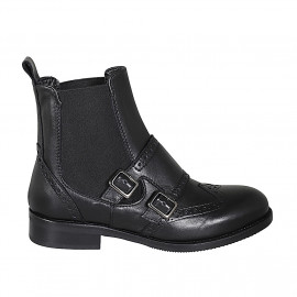 Botin para mujer con elasticos, doble monk strap y punta de ala en piel negra tacon 3 - Tallas disponibles:  32, 35, 44