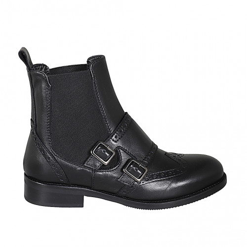 Woman's ankle boot with elastic bands, double monk strap and wingtip in black leather heel 3 - Available sizes:  32, 35, 44, 46