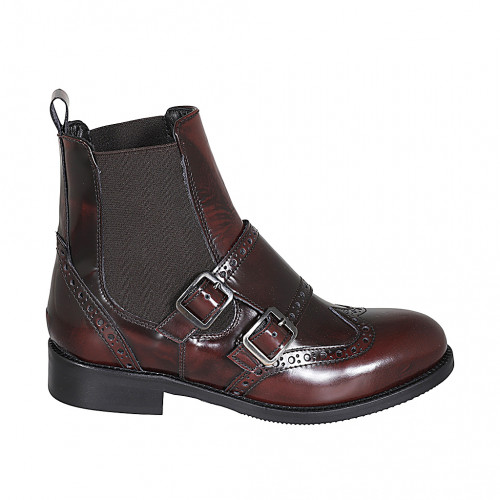 Stivaletto da donna con elastici, doppio monk strap e lavorazione a coda di rondine in pelle abrasivata bordeaux tacco 3 - Misure disponibili: 32, 33, 34, 35, 42, 43, 44, 46, 47