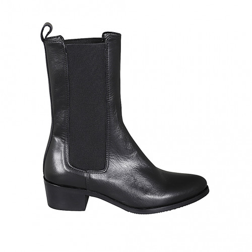 Woman's high Texan ankle boot in black leather with elastic bands heel 4 - Available sizes:  32, 33, 34, 43, 44, 45, 46, 47