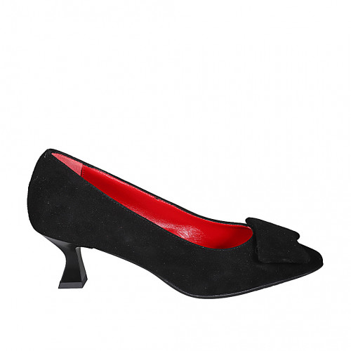 Zapato de salon a punta para mujer en gamuza negra con accesorio y tacon carrete 6 - Tallas disponibles:  33, 34, 35, 42