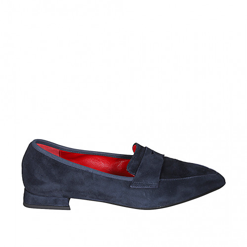 Woman's pointy loafer in blue suede with heel 1 - Available sizes:  33, 34, 35, 42, 43, 44, 45