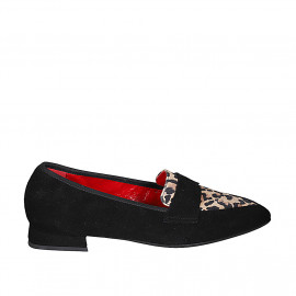 Woman's pointy loafer in black and spotted suede with heel 1 - Available sizes:  33, 35, 42, 43, 44, 45