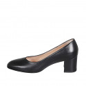 Woman's pump with rounded tip in black leather heel 6 - Available sizes:  32, 33, 34, 42, 43, 44, 45