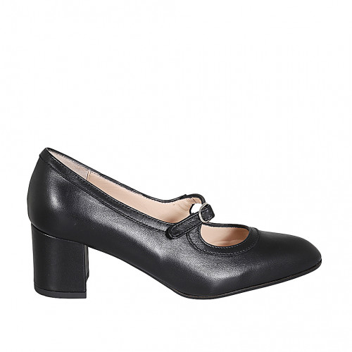 Zapato de salon para mujer en piel negra con cinturon tacon 6 - Tallas disponibles:  33, 43, 44, 45