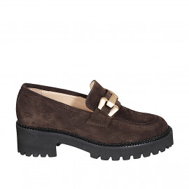 Woman's mocassin with accessory in brown suede with heel 5 - Available sizes:  33, 34, 43, 44, 45