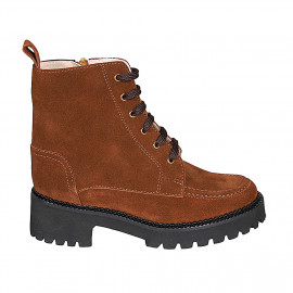 Botin para mujer con cordones y cremallera en gamuza cognac tacon 5 - Tallas disponibles:  32, 33, 34, 42, 43, 44, 45