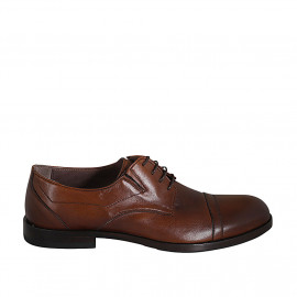 Men's derby laced shoe with captoe and elastics in cognac brown leather - Available sizes:  37, 38, 46, 49, 51