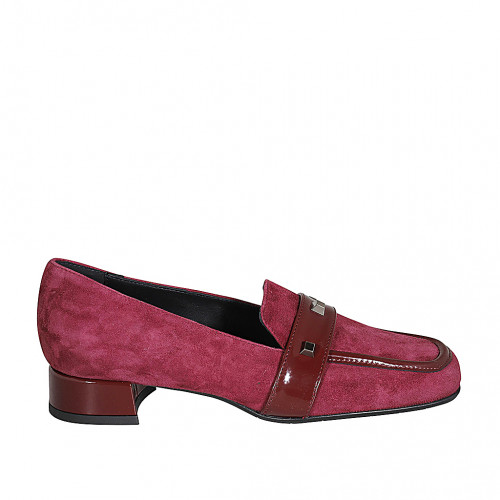 Woman's loafer with squared tip and studs in maroon suede and patent leather heel 3 - Available sizes:  33, 34, 35, 42, 43, 44, 45