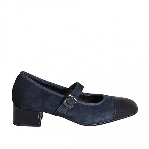 Escarpin Mary Jane pour femmes en daim et cuir verni bleu avec courroie elastique talon 4 - Pointures disponibles:  35, 45