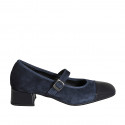 Zapato Mary Jane de salon para mujer en gamuza y charol azul con correa elastica tacon 4 - Tallas disponibles:  33, 35, 45