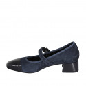 Escarpin Mary Jane pour femmes en daim et cuir verni bleu avec courroie elastique talon 4 - Pointures disponibles:  35, 45