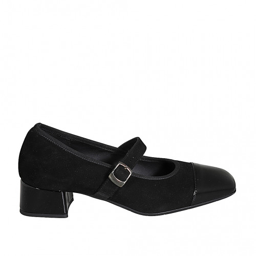 Mary Jane pour femmes en daim et cuir verni noir avec courroie elastique talon 4 - Pointures disponibles:  32, 33, 35, 45