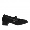 Escarpin Mary Jane pour femmes en daim et cuir verni noir avec courroie elastique talon 4 - Pointures disponibles:  32, 33, 35, 45