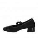 Mary Jane para mujer en gamuza y charol negro con correa elastica tacon 4 - Tallas disponibles:  32, 33, 35, 45