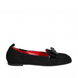 Mocasin con punta cuadrada y moño para mujer en gamuza y charol negro tacon 1 - Tallas disponibles:  44