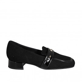 Mocasin con punta cuadrada y tachuelas para mujer en gamuza y charol negro tacon 3 - Tallas disponibles:  32, 33, 34, 35, 43, 44, 45