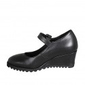 Woman's pump with strap and removable insole in black leather wedge heel 6 - Available sizes:  32, 42, 43, 44, 45