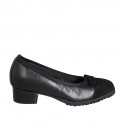 Woman's pump with removable insole, bow and captoe in black leather and suede heel 3 - Available sizes:  32, 33, 34, 42, 43