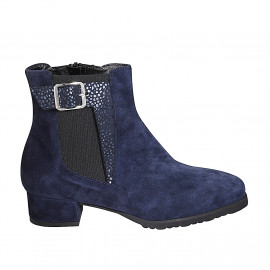 Woman's ankle boot with removable insole, buckle, elastic and zipper in blue suede and laminated suede heel 3 - Available sizes:  32, 42