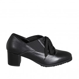 Woman's laced Oxford shoe in black leather with elastic bands and removable insole heel 5 - Available sizes:  31, 32, 42, 43