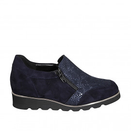 Woman's shoe with zippers and removable insole in blue suede and printed lamianted suede wedge heel 3 - Available sizes:  42