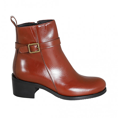 Botines con hebilla y cremallera para mujer en piel cognac tacon 5 - Tallas disponibles:  33, 34, 42, 43, 44