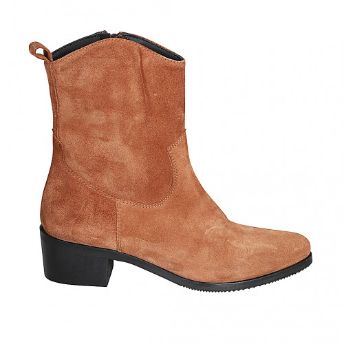 Botin tejano para mujer con cremallera en gamuza cognac tacon 4 - Tallas disponibles:  32, 34, 35, 42, 43, 44, 46, 47