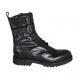 Woman's laced ankle boot with zipper and velcro straps in black leather heel 3 - Available sizes:  32, 33, 34, 35, 43, 45, 46