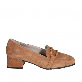 Woman's mocassin with accessory in cognac brown suede heel 4 - Available sizes:  33, 43, 45, 46