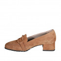 Woman's mocassin with accessory in cognac brown suede heel 4 - Available sizes:  33, 34, 42, 43, 44, 45, 46