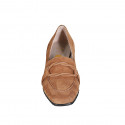 Woman's mocassin with accessory in cognac brown suede heel 4 - Available sizes:  33, 34, 42, 43, 44, 45, 46