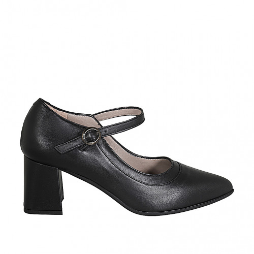 Mary Jane à bout pointu pour femmes en cuir noir avec courroie talon 6 - Pointures disponibles:  42, 45