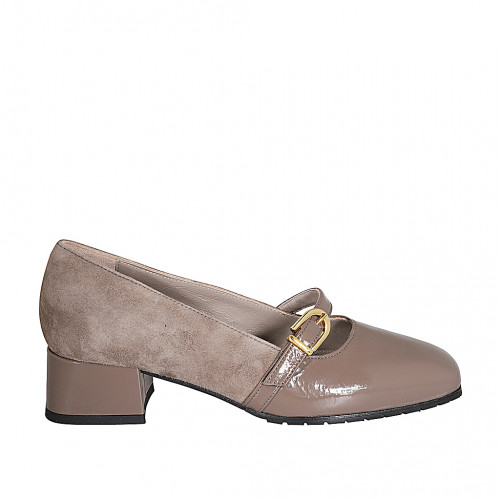 Escarpin Mary Jane pour femmes en daim et cuir verni taupe avec courroie talon 4 - Pointures disponibles:  43, 44, 45