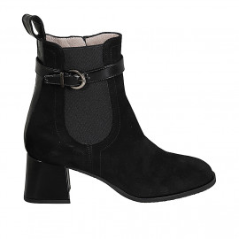 Woman's ankle boot with zipper, strap and elastic band in black suede and patent leather heel 5 - Available sizes:  32, 33, 43, 44, 45, 46