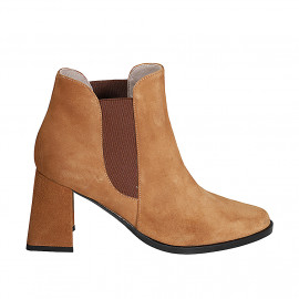 Woman's pointy ankle boot with elastic band in cognac brown suede heel 7 - Available sizes:  33, 34, 42, 43, 44, 45, 46