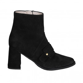 Woman's ankle boot with zipper and accessory in black suede with heel 7 - Available sizes:  32, 33, 34, 43, 44, 45, 46