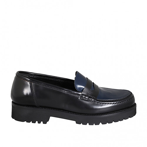 Woman's mocassin in black and blue brush-off leather heel 3 - Available sizes:  32, 33, 35, 43, 44, 45, 46, 47