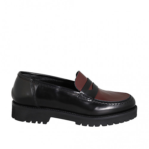 Mocassino da donna in pelle abrasivata nera e bordeaux tacco 3 - Misure disponibili: 32, 33, 42, 43, 45, 47