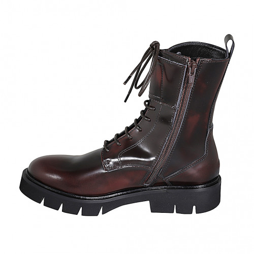 Woman's laced ankle boot with zipper and double buckle in maroon brush-off leather heel 3 - Available sizes:  43, 44