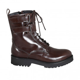 Botin para mujer con cremallera, cierres de velcro y cordones en piel marron tacon 3 - Tallas disponibles:  32, 33, 43, 44