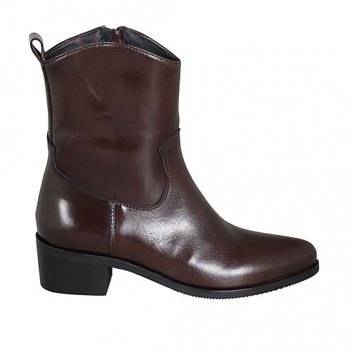 Botines tejanos altos para mujer en piel marron con cremallera tacon 4 - Tallas disponibles:  32, 33, 34, 35, 42, 43, 44, 46