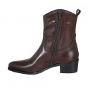 Woman's high Texan ankle boot in brown leather with zipper heel 4 - Available sizes:  43, 46